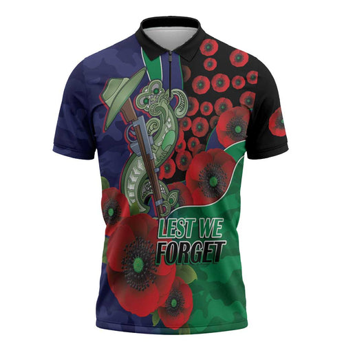New Zealand Warriors ANZAC Personalised Zipper Polo Shirt Lest We Forget Poppy Camo