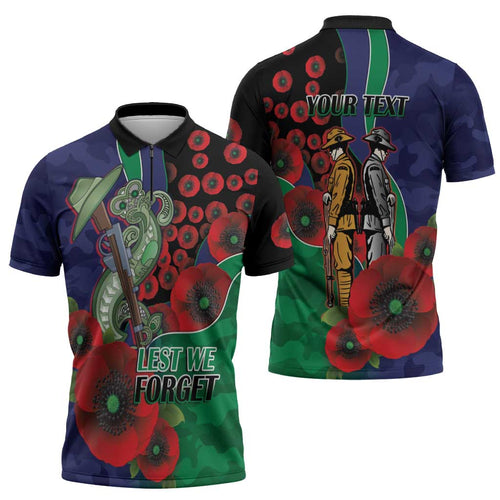 New Zealand Warriors ANZAC Personalised Zipper Polo Shirt Lest We Forget Poppy Camo