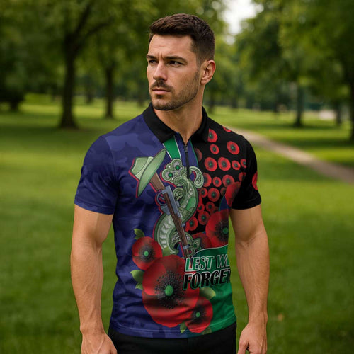 New Zealand Warriors ANZAC Personalised Zipper Polo Shirt Lest We Forget Poppy Camo