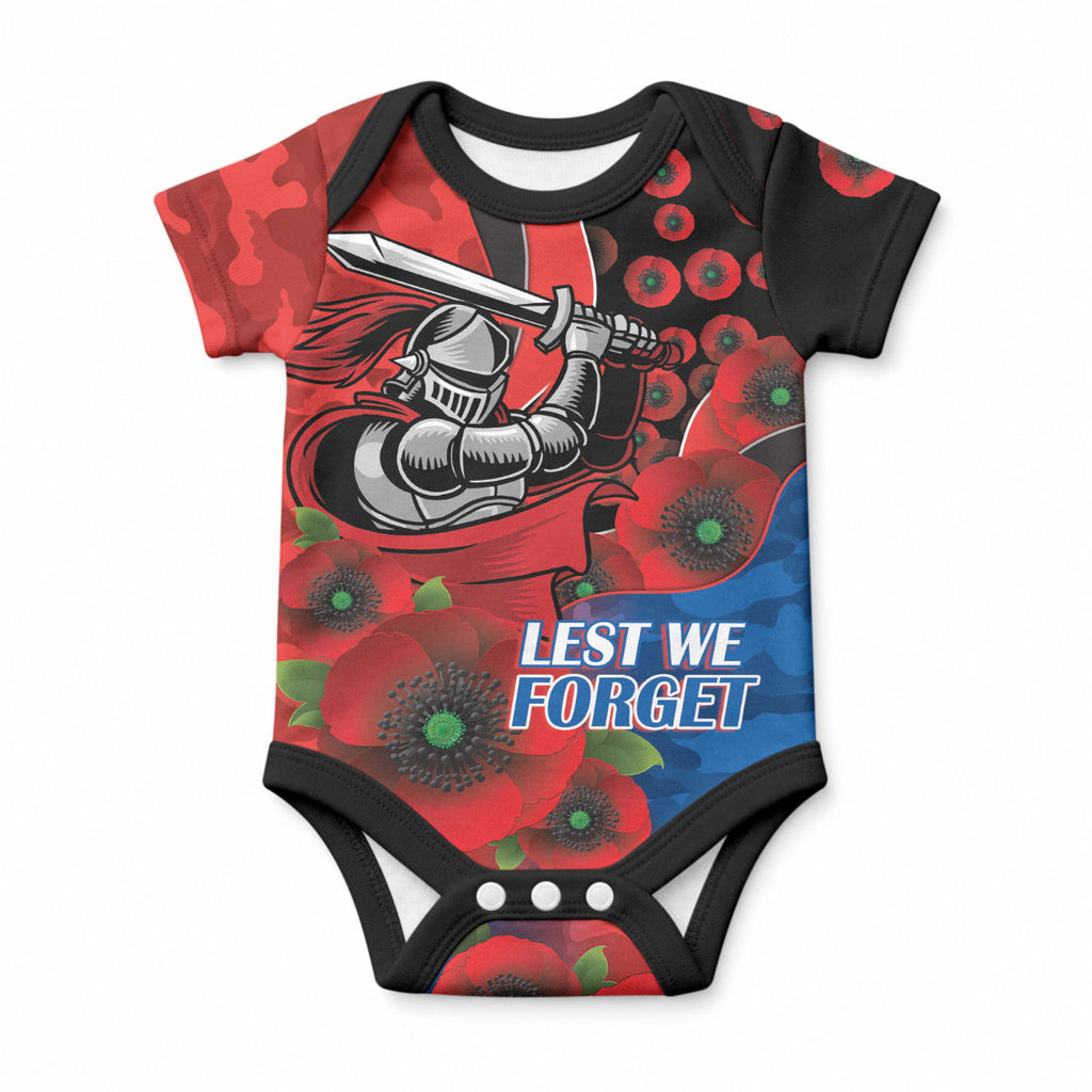 Newcastle Knights ANZAC Personalised Baby Onesie Lest We Forget Poppy Camo