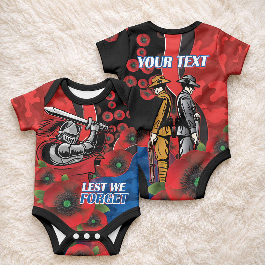 Newcastle Knights ANZAC Personalised Baby Onesie Lest We Forget Poppy Camo