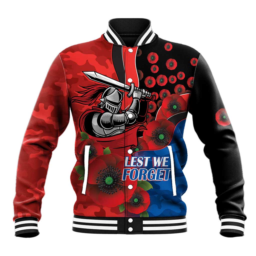 Newcastle Knights ANZAC Personalised Baseball Jacket Lest We Forget Poppy Camo