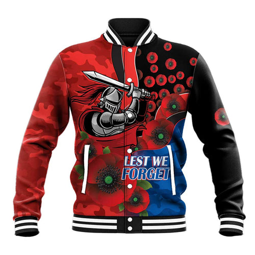 Newcastle Knights ANZAC Personalised Baseball Jacket Lest We Forget Poppy Camo