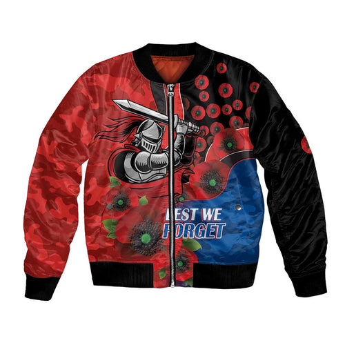 Newcastle Knights ANZAC Personalised Bomber Jacket Lest We Forget Poppy Camo