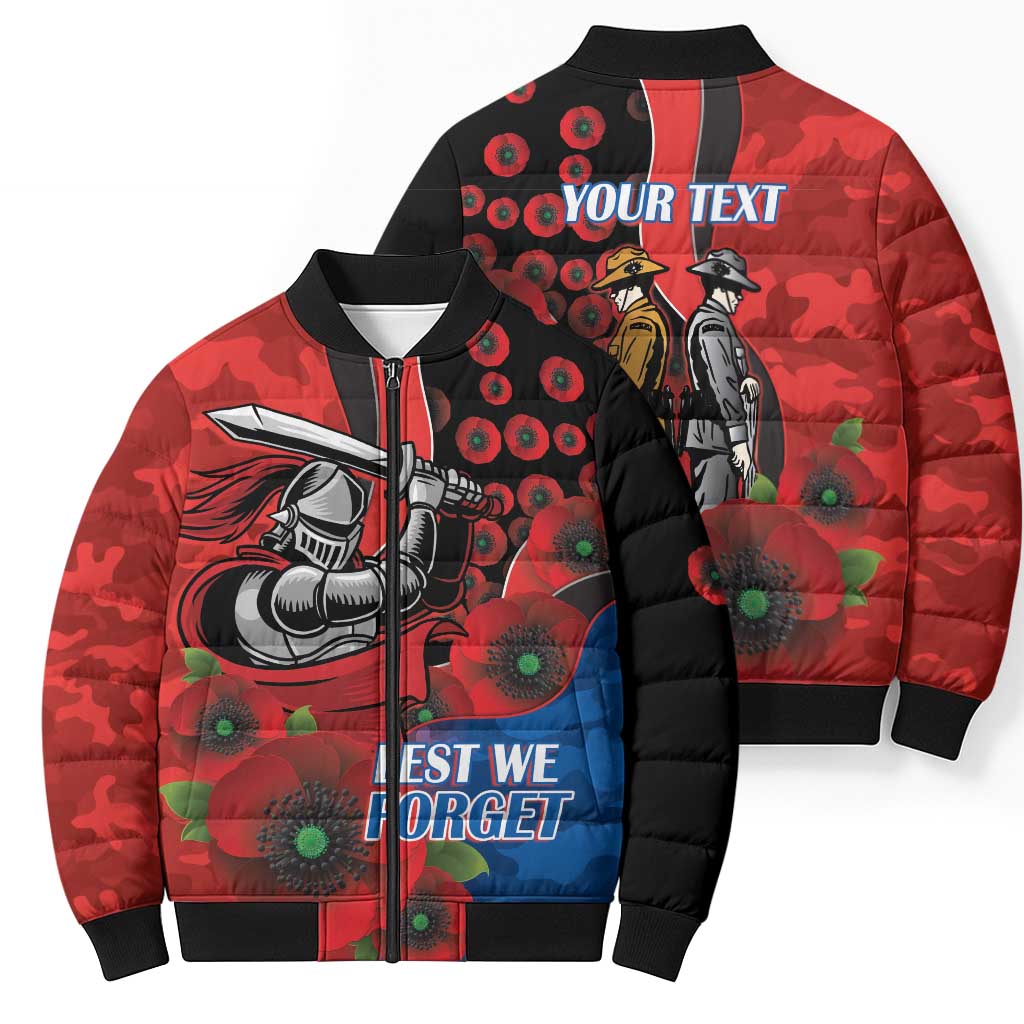 Newcastle Knights ANZAC Personalised Bomber Puffer Jacket Lest We Forget Poppy Camo