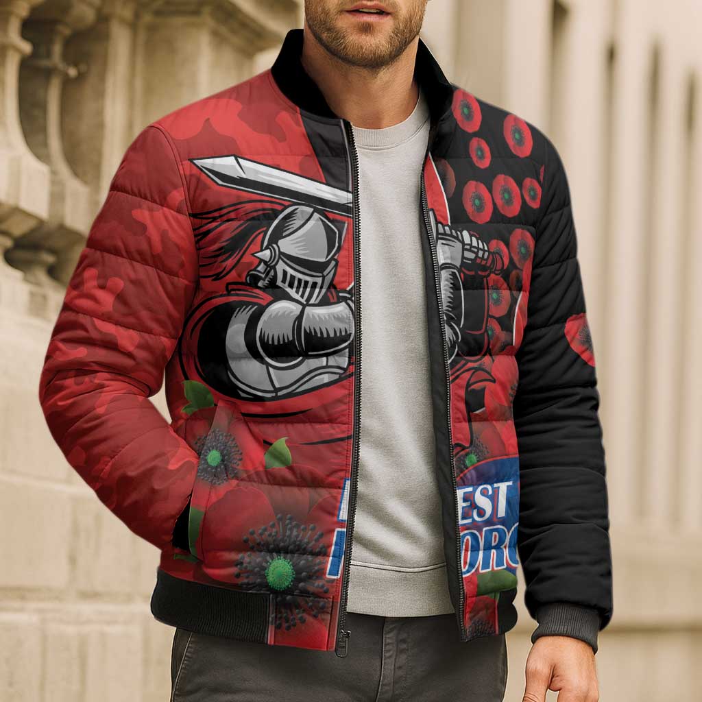 Newcastle Knights ANZAC Personalised Bomber Puffer Jacket Lest We Forget Poppy Camo