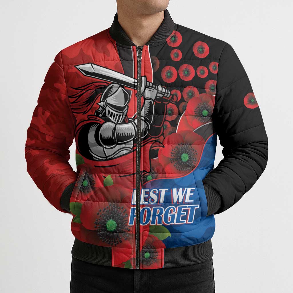 Newcastle Knights ANZAC Personalised Bomber Puffer Jacket Lest We Forget Poppy Camo