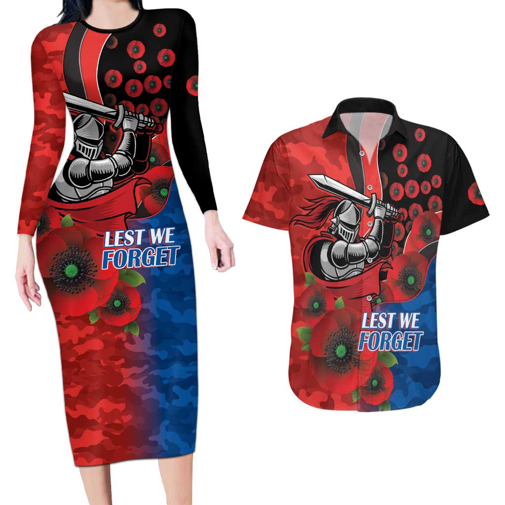 Newcastle Knights ANZAC Personalised Couples Matching Long Sleeve Bodycon Dress and Hawaiian Shirt Lest We Forget Poppy Camo
