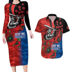 Newcastle Knights ANZAC Personalised Couples Matching Long Sleeve Bodycon Dress and Hawaiian Shirt Lest We Forget Poppy Camo