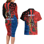 Newcastle Knights ANZAC Personalised Couples Matching Long Sleeve Bodycon Dress and Hawaiian Shirt Lest We Forget Poppy Camo