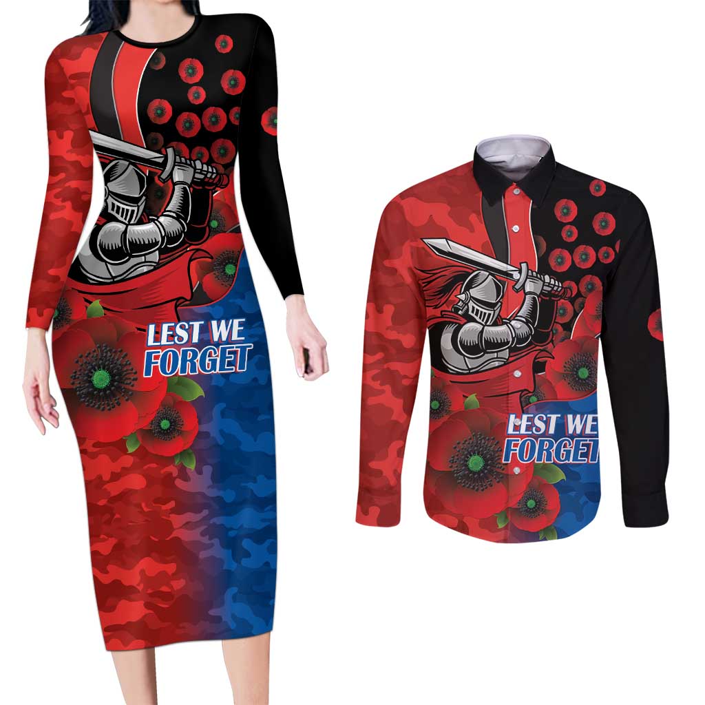 Newcastle Knights ANZAC Personalised Couples Matching Long Sleeve Bodycon Dress and Long Sleeve Button Shirt Lest We Forget Poppy Camo