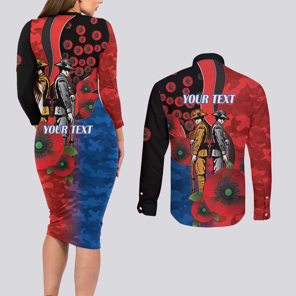 Newcastle Knights ANZAC Personalised Couples Matching Long Sleeve Bodycon Dress and Long Sleeve Button Shirt Lest We Forget Poppy Camo