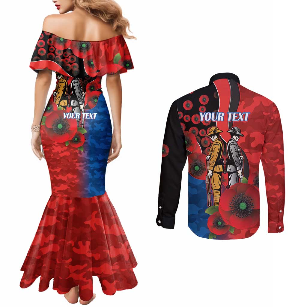 Newcastle Knights ANZAC Personalised Couples Matching Mermaid Dress and Long Sleeve Button Shirt Lest We Forget Poppy Camo