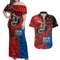 Newcastle Knights ANZAC Personalised Couples Matching Off Shoulder Maxi Dress and Hawaiian Shirt Lest We Forget Poppy Camo
