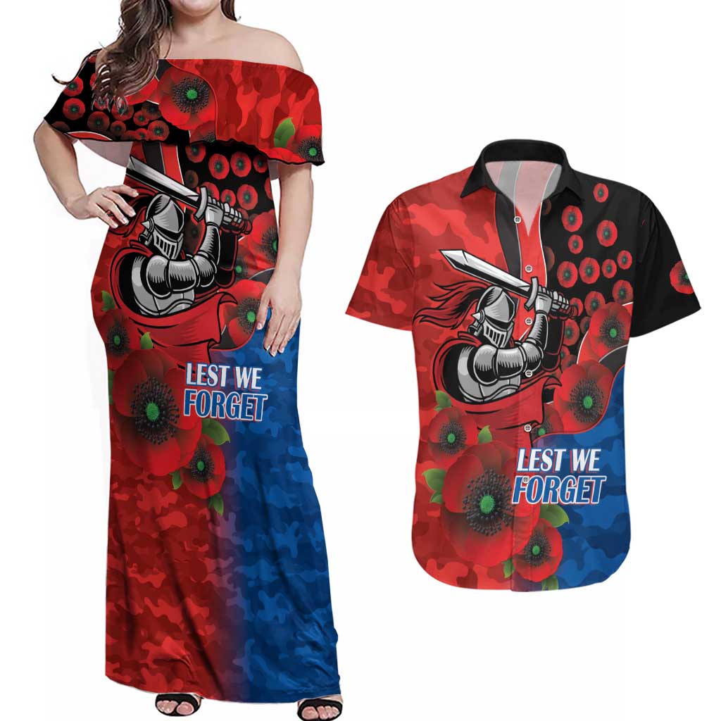 Newcastle Knights ANZAC Personalised Couples Matching Off Shoulder Maxi Dress and Hawaiian Shirt Lest We Forget Poppy Camo