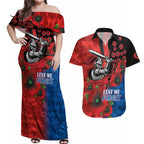 Newcastle Knights ANZAC Personalised Couples Matching Off Shoulder Maxi Dress and Hawaiian Shirt Lest We Forget Poppy Camo