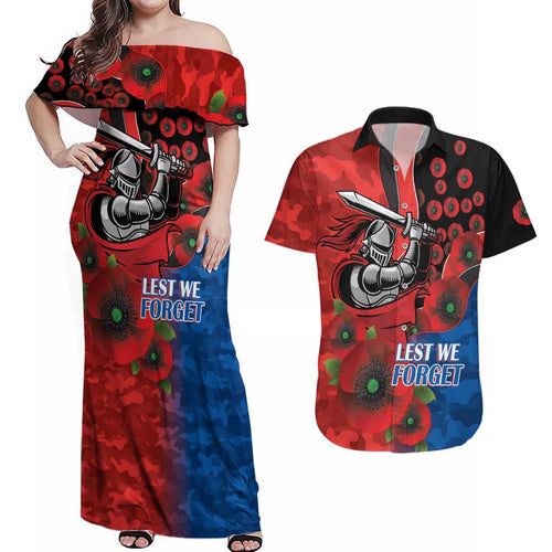 Newcastle Knights ANZAC Personalised Couples Matching Off Shoulder Maxi Dress and Hawaiian Shirt Lest We Forget Poppy Camo