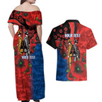 Newcastle Knights ANZAC Personalised Couples Matching Off Shoulder Maxi Dress and Hawaiian Shirt Lest We Forget Poppy Camo