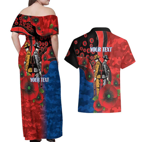 Newcastle Knights ANZAC Personalised Couples Matching Off Shoulder Maxi Dress and Hawaiian Shirt Lest We Forget Poppy Camo