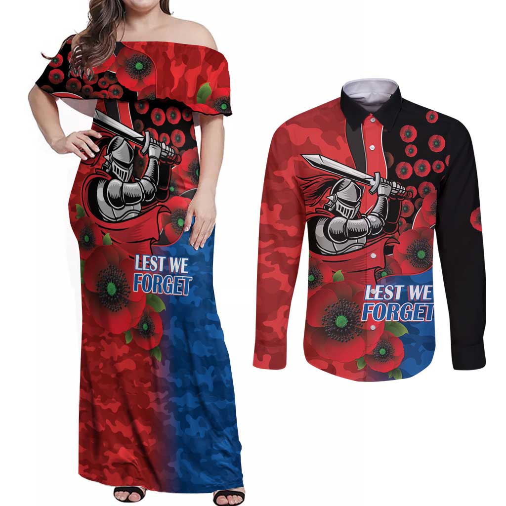 Newcastle Knights ANZAC Personalised Couples Matching Off Shoulder Maxi Dress and Long Sleeve Button Shirt Lest We Forget Poppy Camo