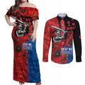 Newcastle Knights ANZAC Personalised Couples Matching Off Shoulder Maxi Dress and Long Sleeve Button Shirt Lest We Forget Poppy Camo