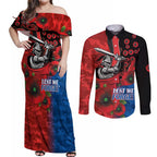Newcastle Knights ANZAC Personalised Couples Matching Off Shoulder Maxi Dress and Long Sleeve Button Shirt Lest We Forget Poppy Camo