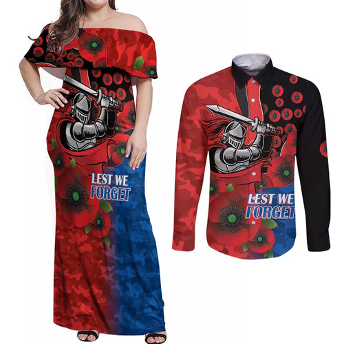 Newcastle Knights ANZAC Personalised Couples Matching Off Shoulder Maxi Dress and Long Sleeve Button Shirt Lest We Forget Poppy Camo