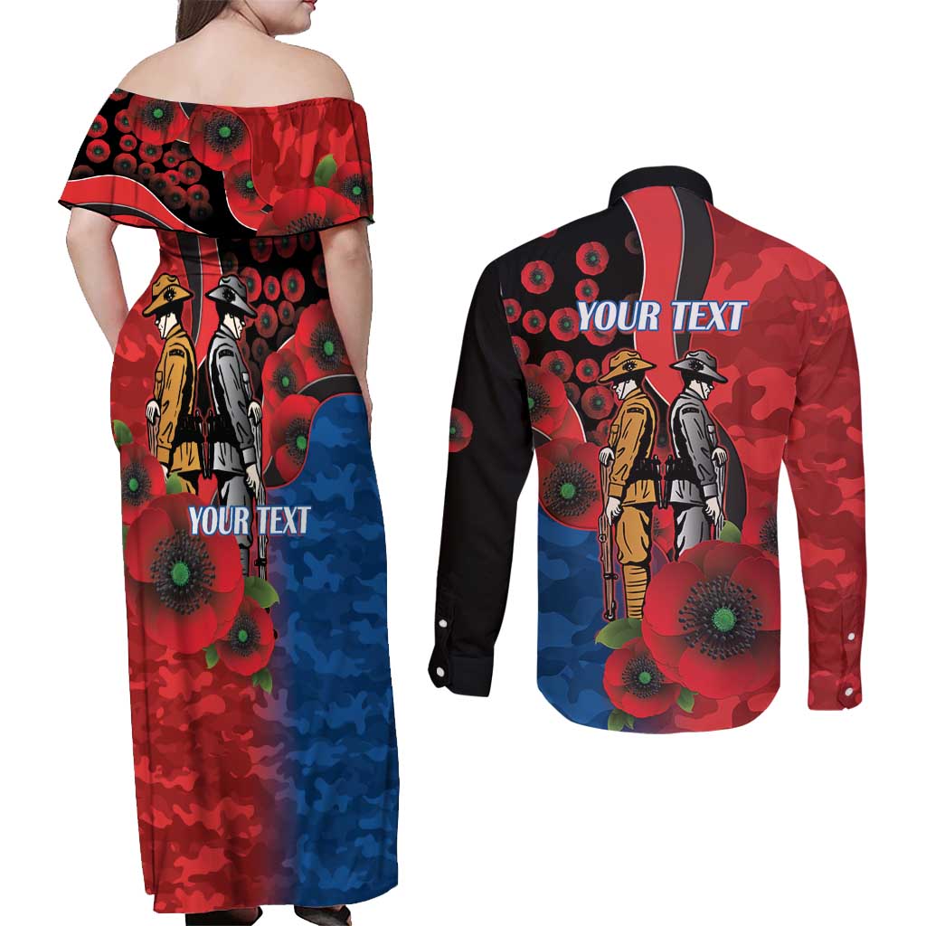 Newcastle Knights ANZAC Personalised Couples Matching Off Shoulder Maxi Dress and Long Sleeve Button Shirt Lest We Forget Poppy Camo
