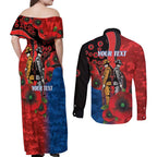 Newcastle Knights ANZAC Personalised Couples Matching Off Shoulder Maxi Dress and Long Sleeve Button Shirt Lest We Forget Poppy Camo