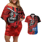 Newcastle Knights ANZAC Personalised Couples Matching Off Shoulder Short Dress and Hawaiian Shirt Lest We Forget Poppy Camo