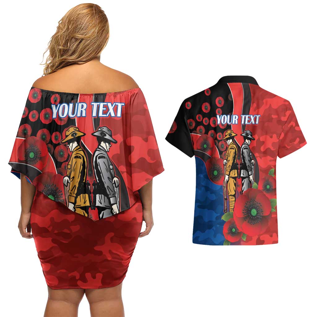 Newcastle Knights ANZAC Personalised Couples Matching Off Shoulder Short Dress and Hawaiian Shirt Lest We Forget Poppy Camo