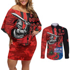 Newcastle Knights ANZAC Personalised Couples Matching Off Shoulder Short Dress and Long Sleeve Button Shirt Lest We Forget Poppy Camo