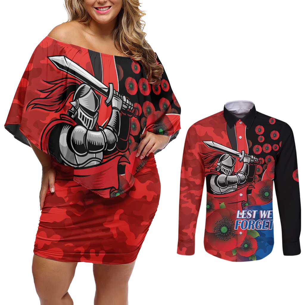 Newcastle Knights ANZAC Personalised Couples Matching Off Shoulder Short Dress and Long Sleeve Button Shirt Lest We Forget Poppy Camo