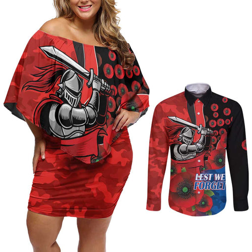 Newcastle Knights ANZAC Personalised Couples Matching Off Shoulder Short Dress and Long Sleeve Button Shirt Lest We Forget Poppy Camo