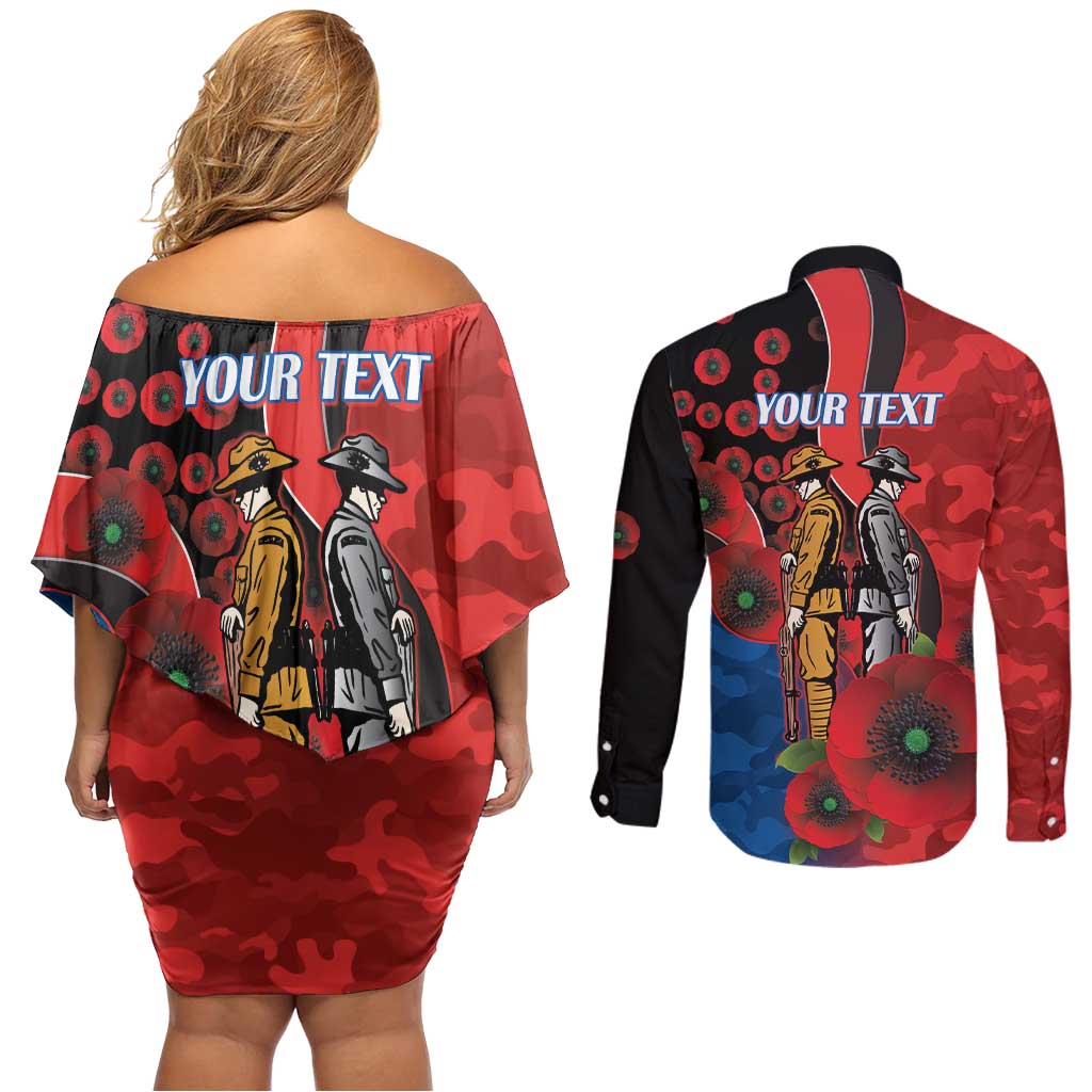 Newcastle Knights ANZAC Personalised Couples Matching Off Shoulder Short Dress and Long Sleeve Button Shirt Lest We Forget Poppy Camo