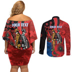 Newcastle Knights ANZAC Personalised Couples Matching Off Shoulder Short Dress and Long Sleeve Button Shirt Lest We Forget Poppy Camo