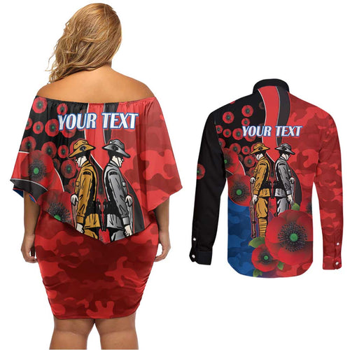 Newcastle Knights ANZAC Personalised Couples Matching Off Shoulder Short Dress and Long Sleeve Button Shirt Lest We Forget Poppy Camo