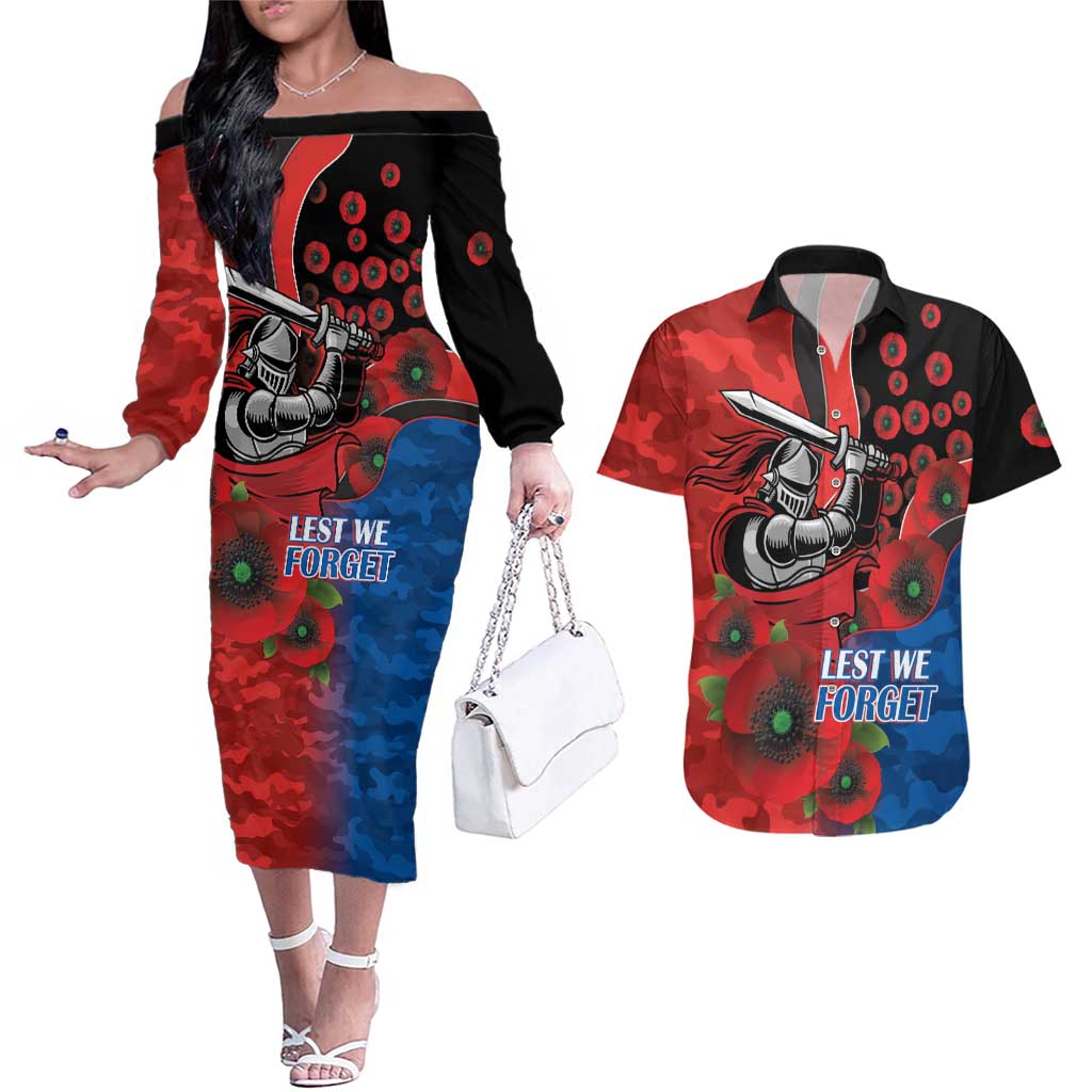 Newcastle Knights ANZAC Personalised Couples Matching Off The Shoulder Long Sleeve Dress and Hawaiian Shirt Lest We Forget Poppy Camo