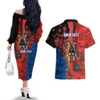 Newcastle Knights ANZAC Personalised Couples Matching Off The Shoulder Long Sleeve Dress and Hawaiian Shirt Lest We Forget Poppy Camo