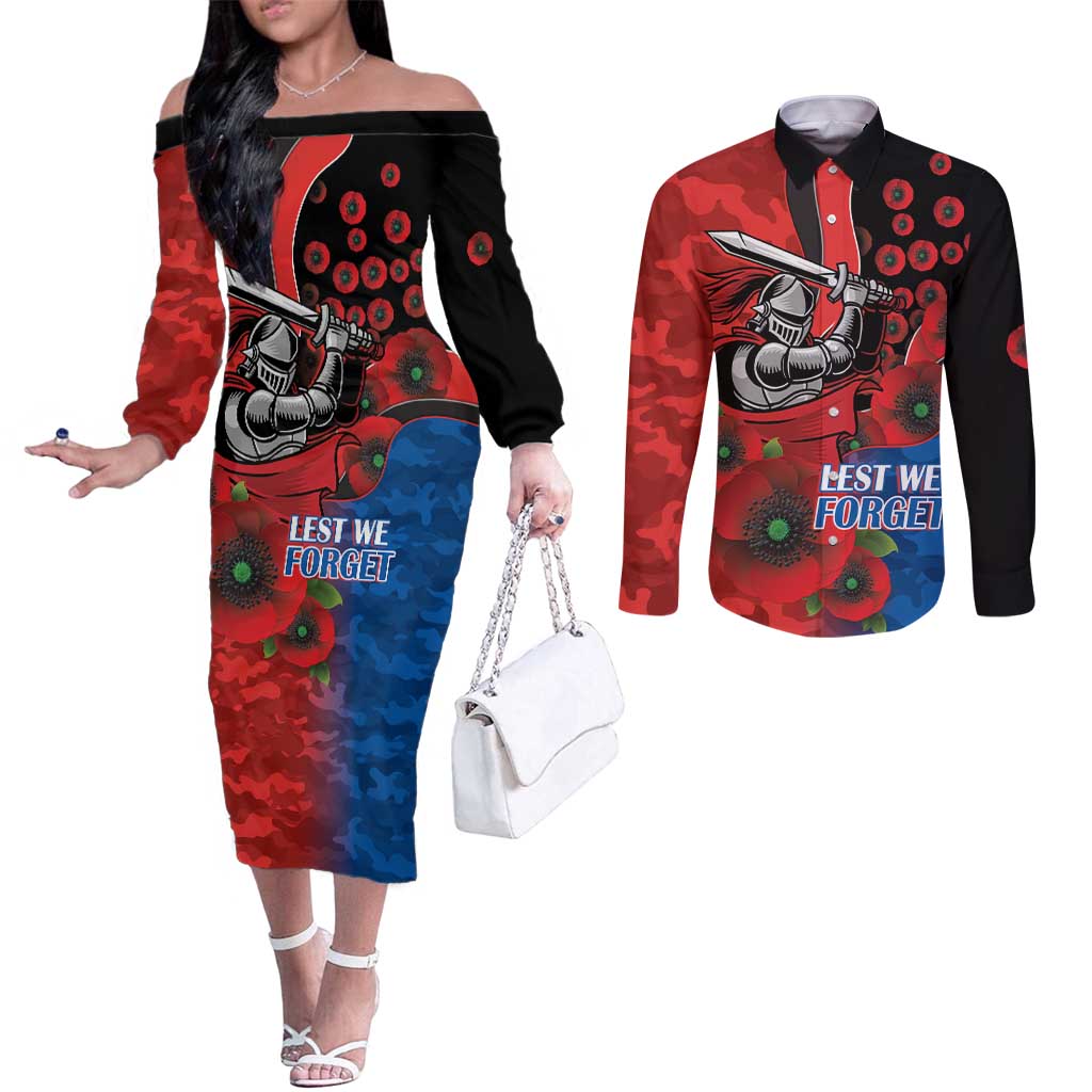 Newcastle Knights ANZAC Personalised Couples Matching Off The Shoulder Long Sleeve Dress and Long Sleeve Button Shirt Lest We Forget Poppy Camo