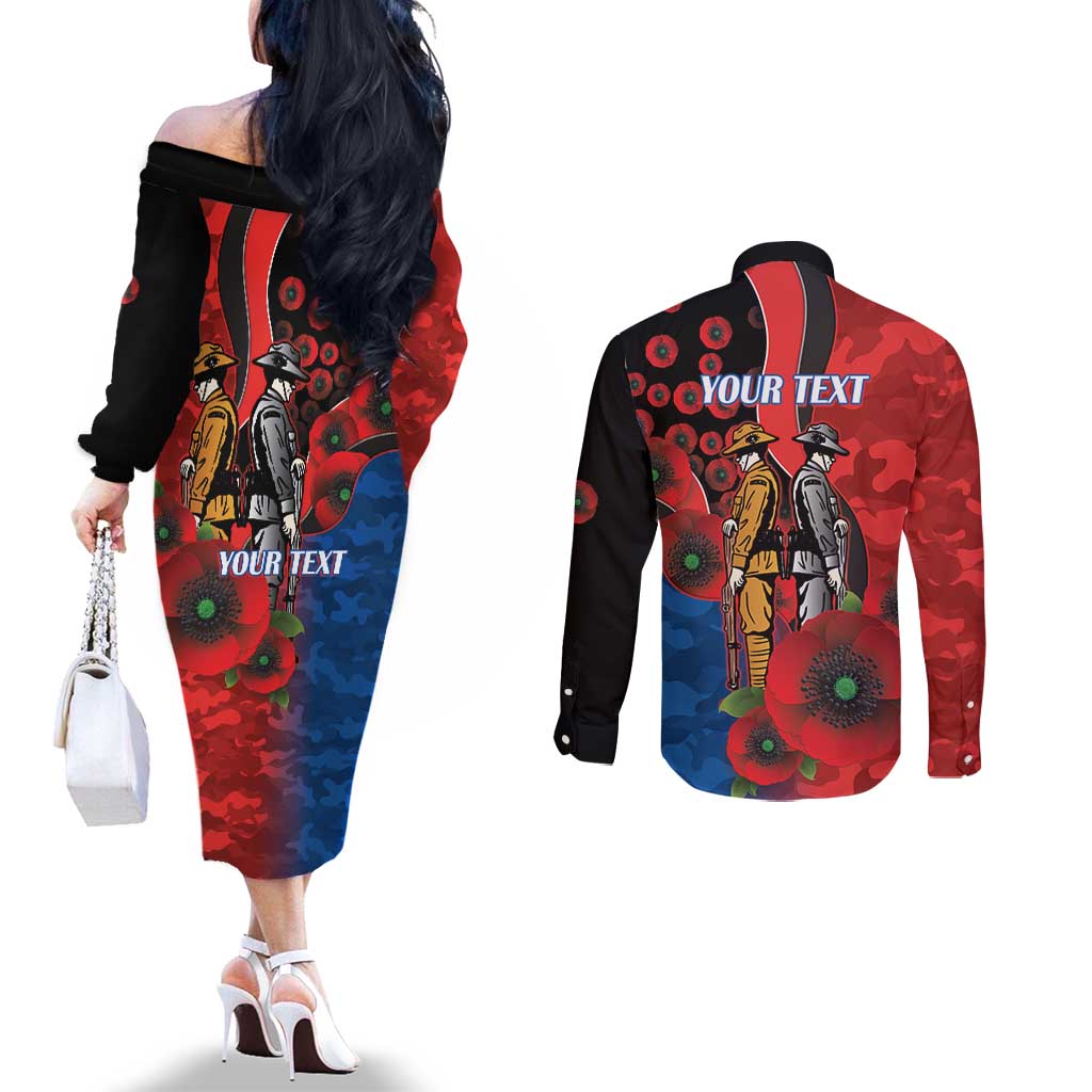 Newcastle Knights ANZAC Personalised Couples Matching Off The Shoulder Long Sleeve Dress and Long Sleeve Button Shirt Lest We Forget Poppy Camo