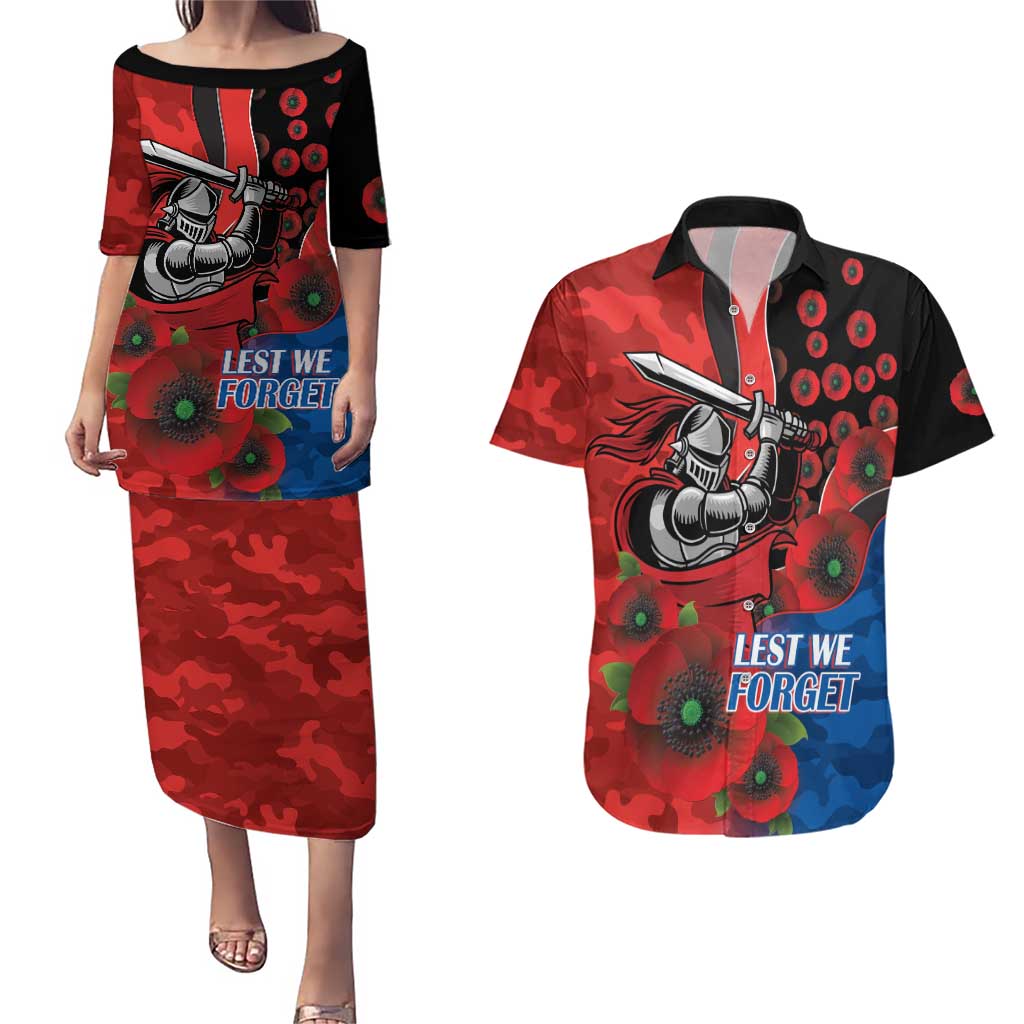 Newcastle Knights ANZAC Personalised Couples Matching Puletasi and Hawaiian Shirt Lest We Forget Poppy Camo