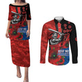 Newcastle Knights ANZAC Personalised Couples Matching Puletasi and Long Sleeve Button Shirt Lest We Forget Poppy Camo