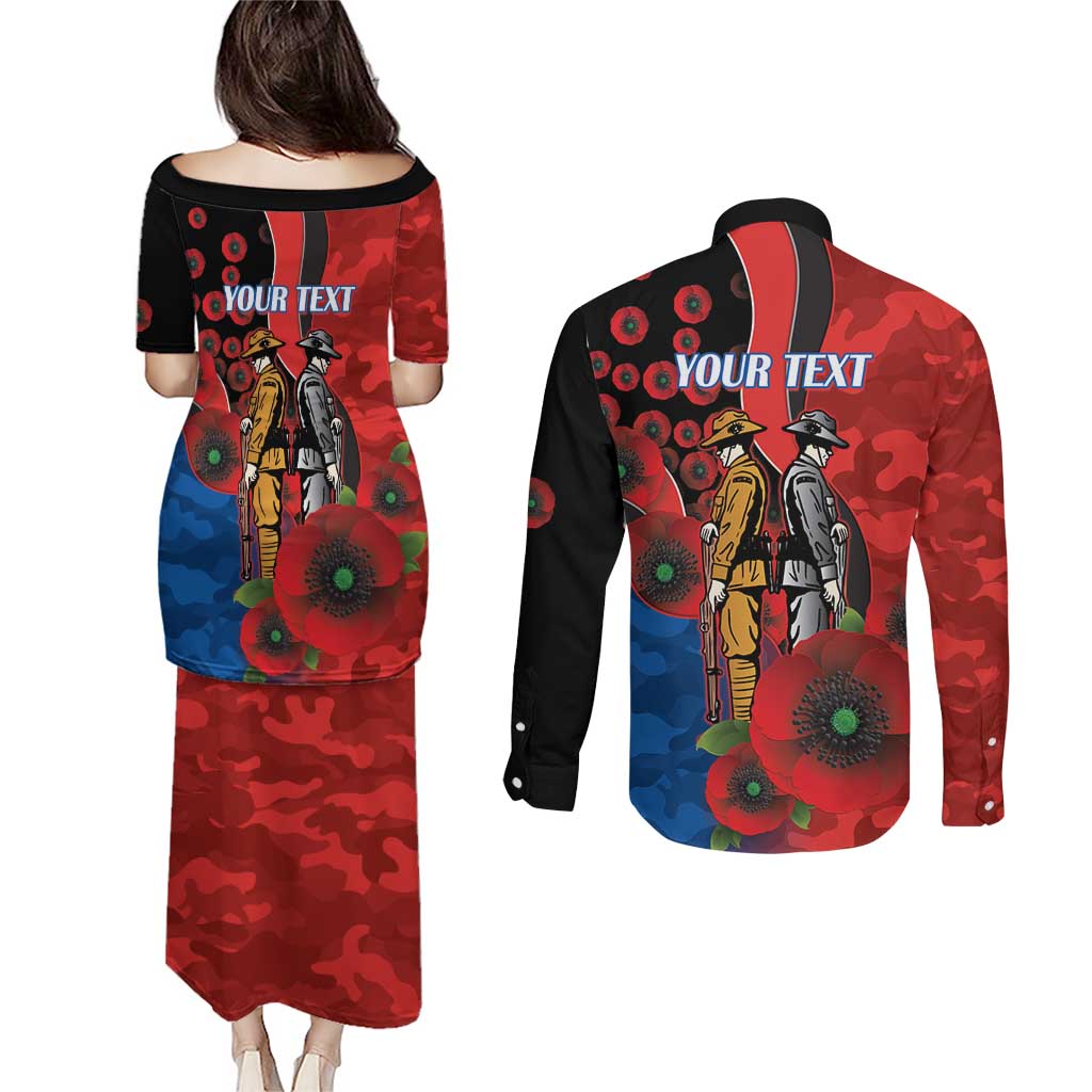 Newcastle Knights ANZAC Personalised Couples Matching Puletasi and Long Sleeve Button Shirt Lest We Forget Poppy Camo