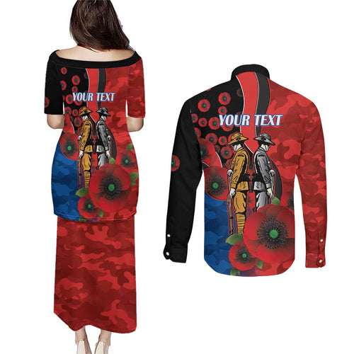 Newcastle Knights ANZAC Personalised Couples Matching Puletasi and Long Sleeve Button Shirt Lest We Forget Poppy Camo