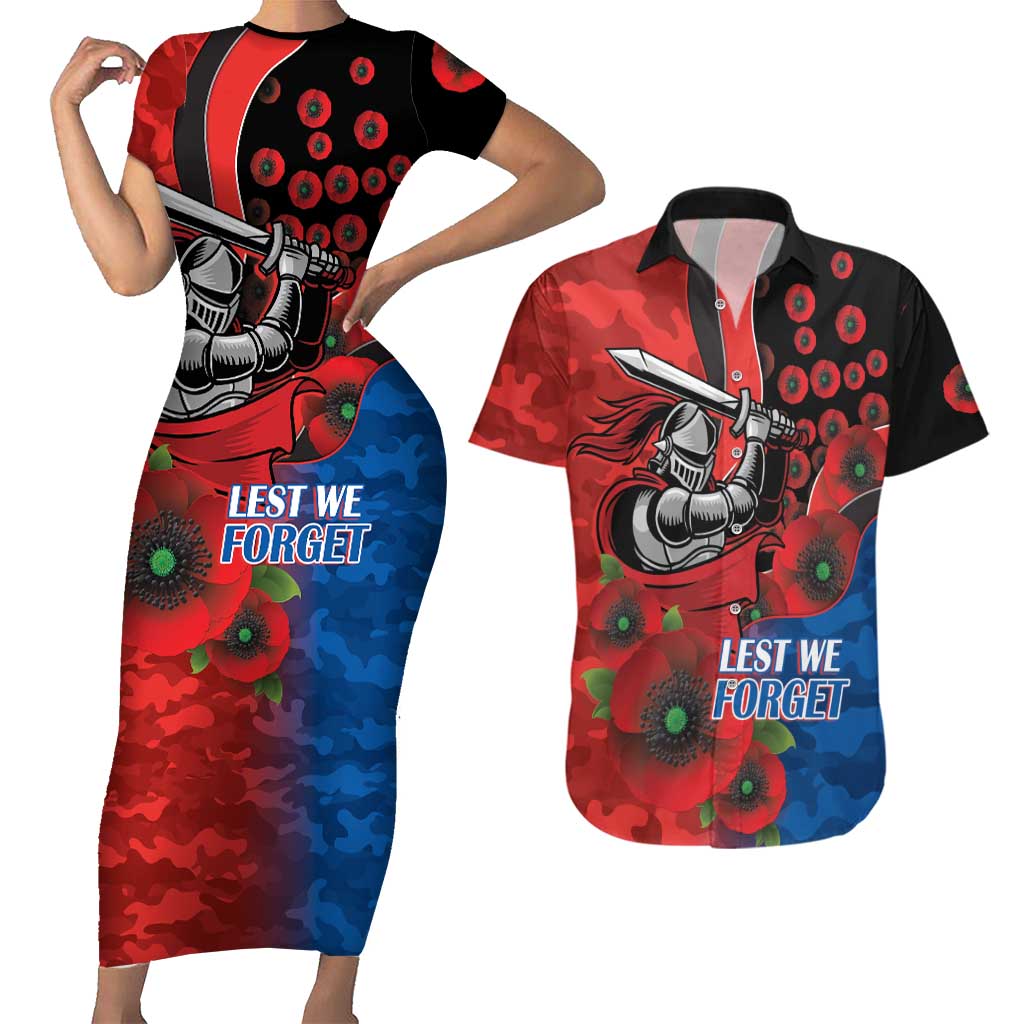 Newcastle Knights ANZAC Personalised Couples Matching Short Sleeve Bodycon Dress and Hawaiian Shirt Lest We Forget Poppy Camo