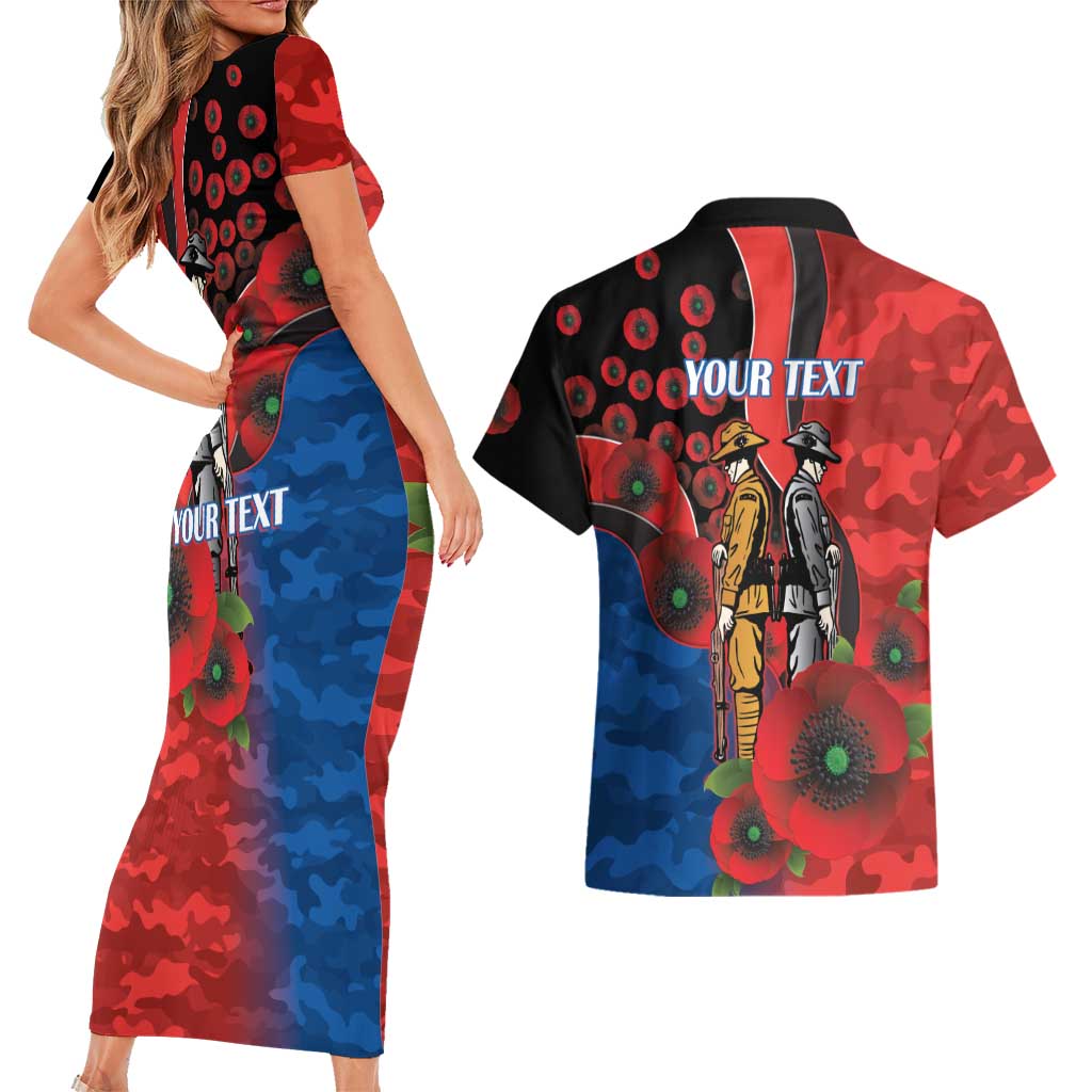 Newcastle Knights ANZAC Personalised Couples Matching Short Sleeve Bodycon Dress and Hawaiian Shirt Lest We Forget Poppy Camo