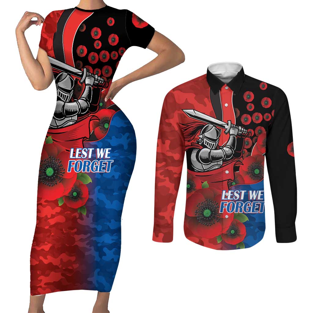 Newcastle Knights ANZAC Personalised Couples Matching Short Sleeve Bodycon Dress and Long Sleeve Button Shirt Lest We Forget Poppy Camo