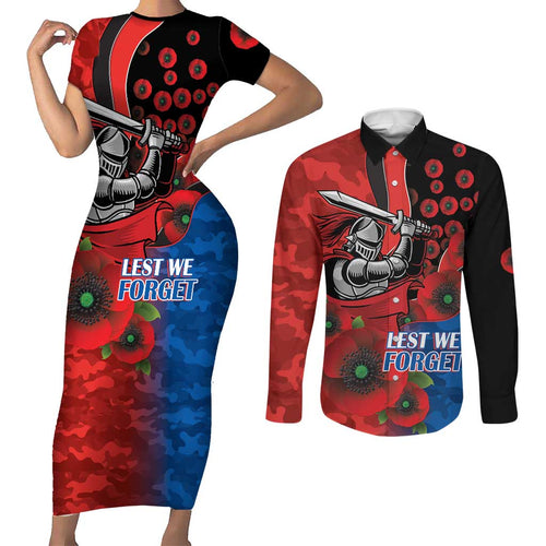 Newcastle Knights ANZAC Personalised Couples Matching Short Sleeve Bodycon Dress and Long Sleeve Button Shirt Lest We Forget Poppy Camo