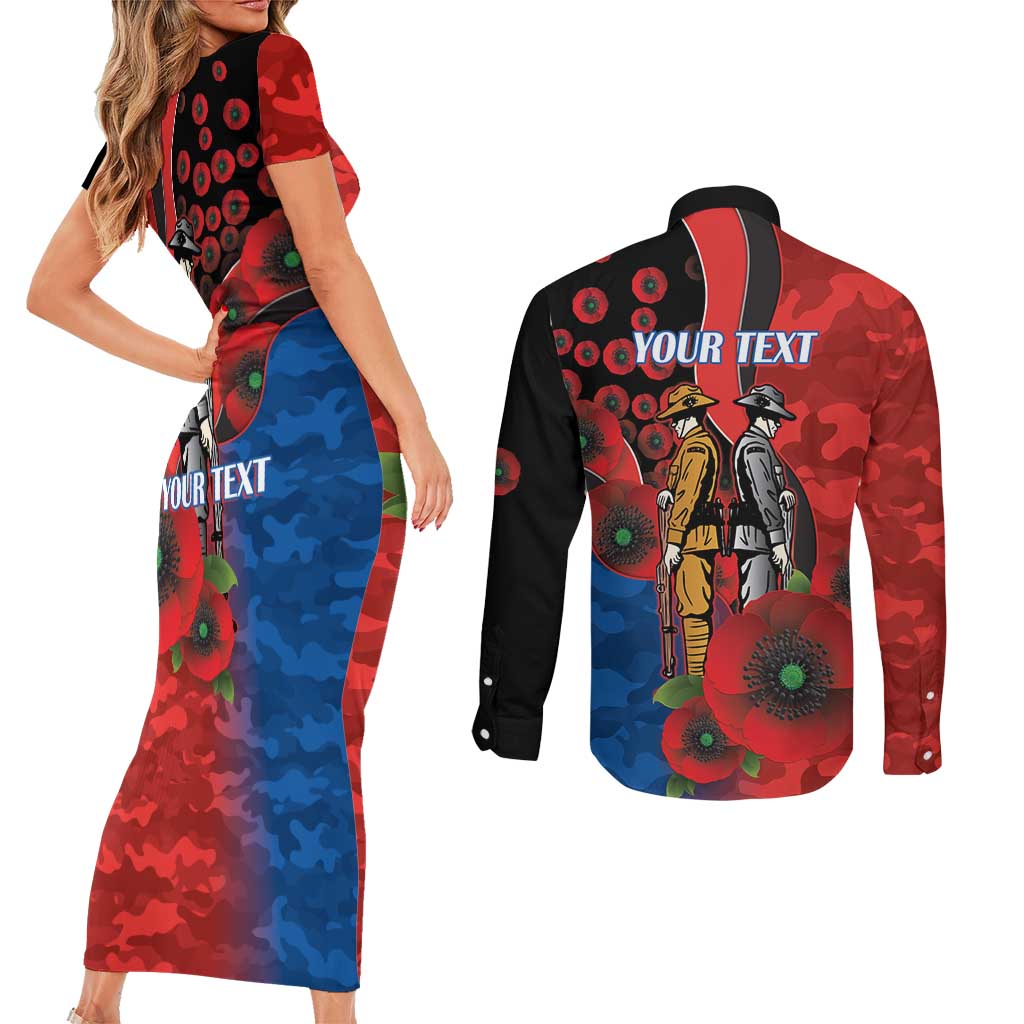 Newcastle Knights ANZAC Personalised Couples Matching Short Sleeve Bodycon Dress and Long Sleeve Button Shirt Lest We Forget Poppy Camo